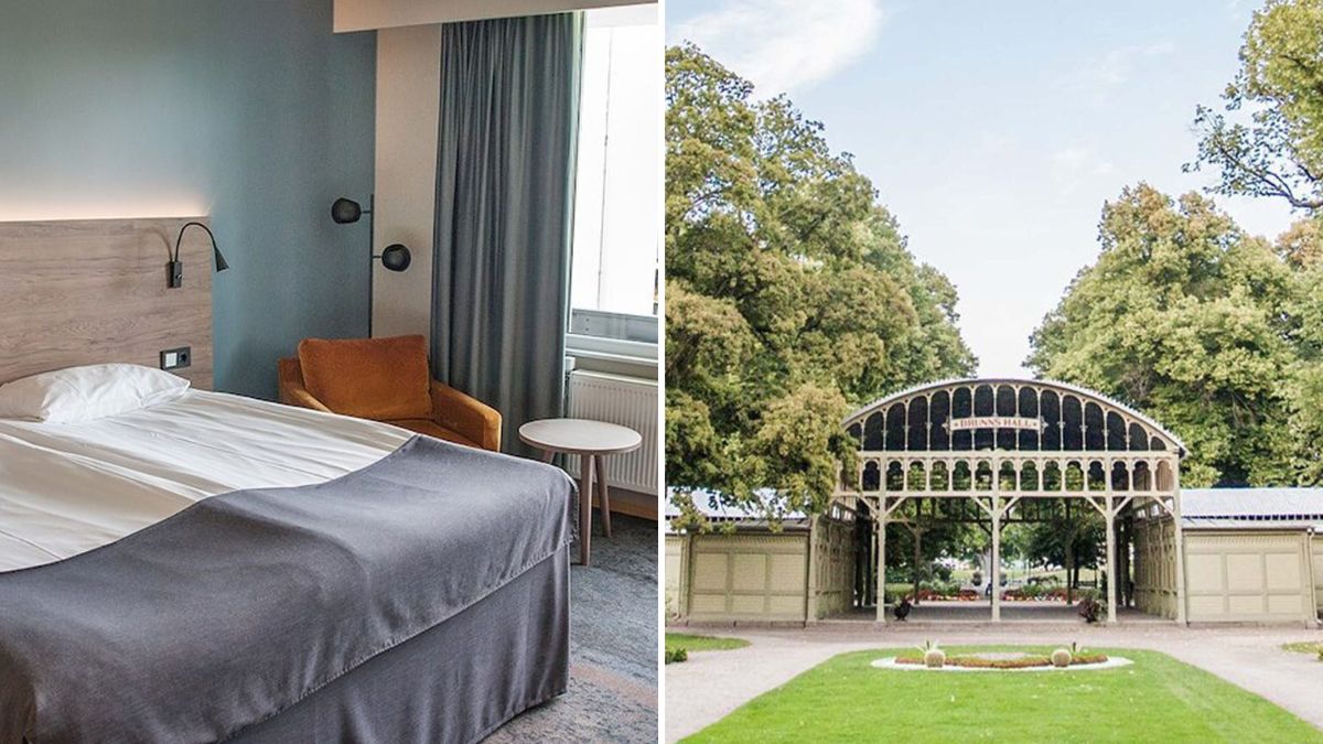 Ronneby Brunn hotellrum med parkutsikt och historisk musikpaviljong i Brunnsparken - lyx och natur kombinerat