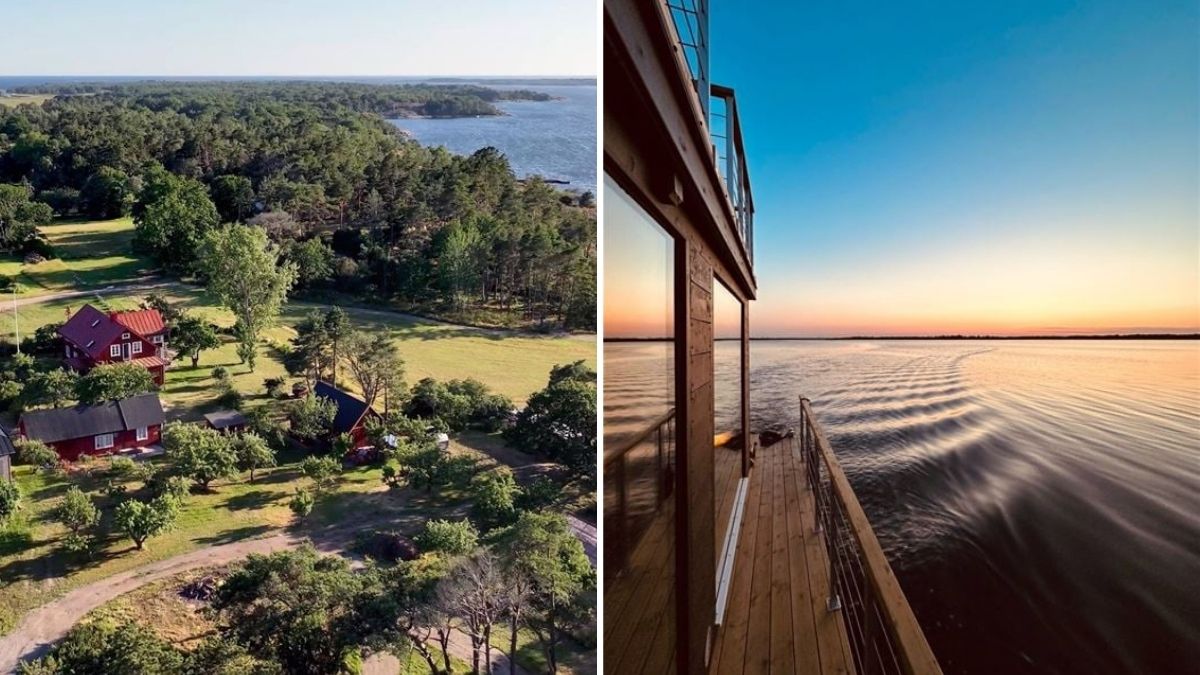 Kustnära boende i Blekinge med skog, öppna landskap och havsutsikt i kvällsljus.