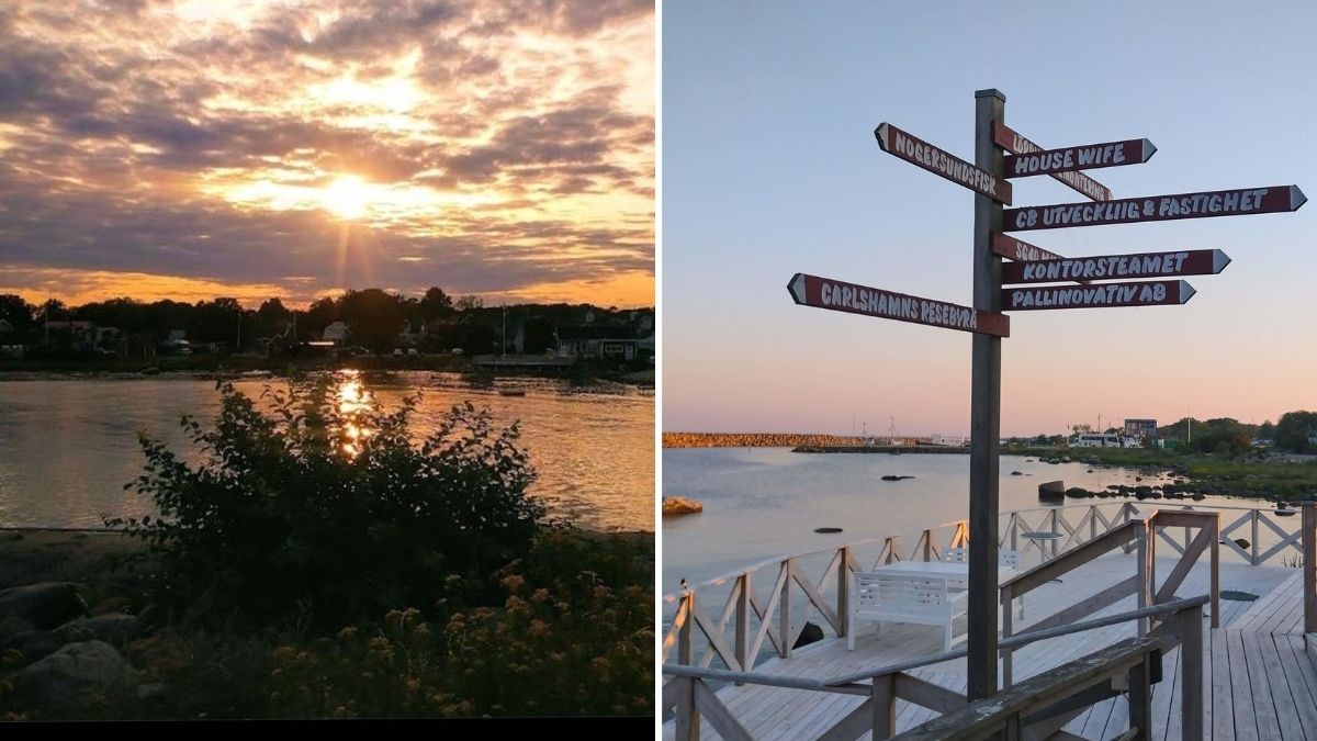 Solnedgång vid kust i Blekinge med hamninlopp och vägvisare vid vattnet i lugn kvällsmiljö.