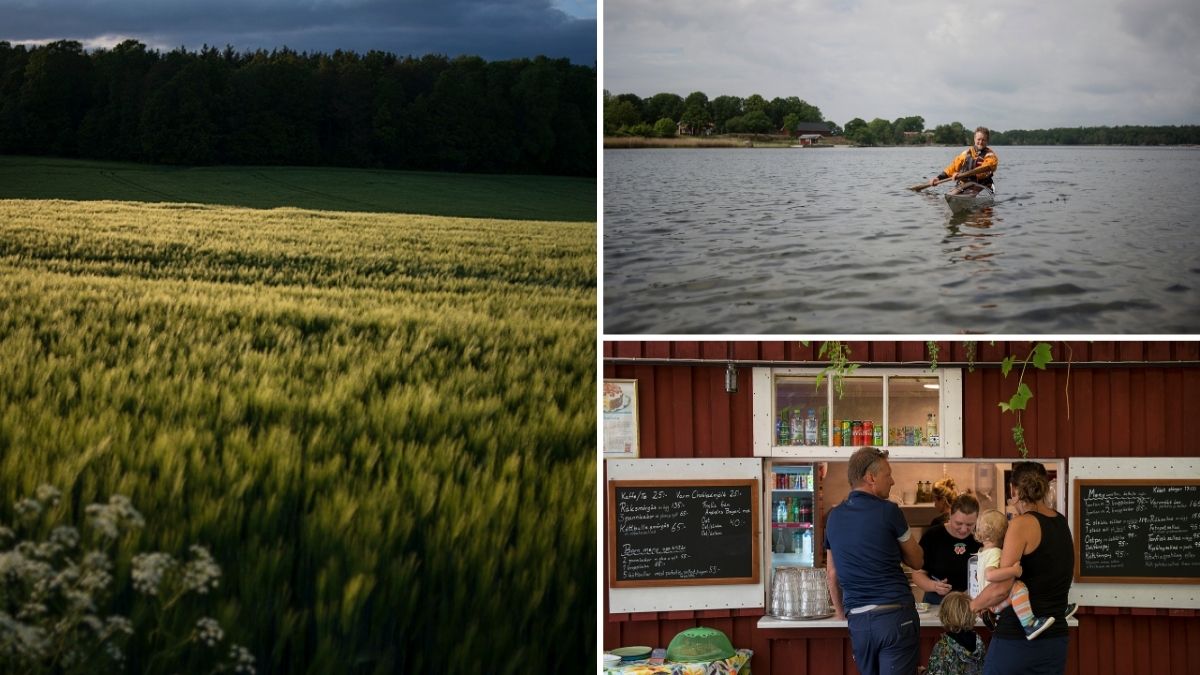 Familj vandrar i sensommar/höst i Blekinge utomhus med ARK56