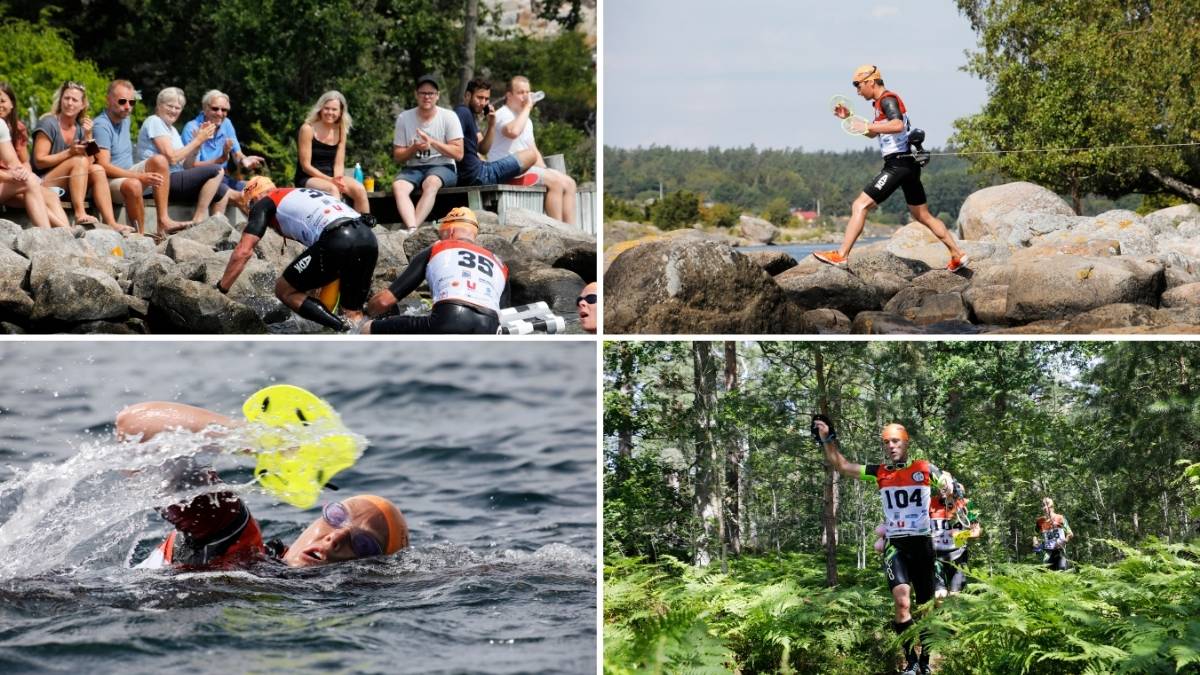 Swimrun-deltagare som springer på klippor, simmar i Östersjön och tar sig genom Blekinges skogar under ett lopp i skärgården, med publik som hejar längs kustlinjen.