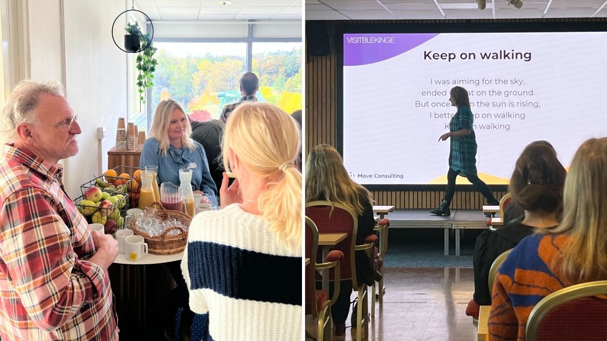 Deltagare samtalar vid frukt- och juicebuffé under Branschträffen 2025 på Ronneby Brunn.