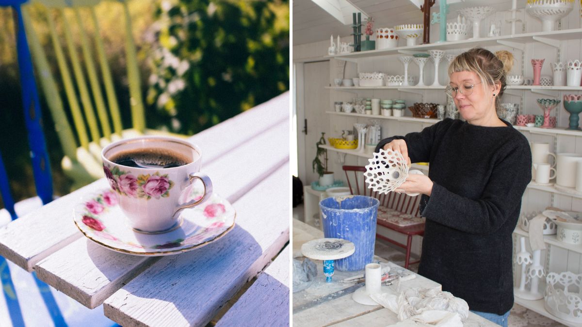 Fika och konst på Café & Art i västra Blekinge samt keramikkonstnären Karin Meijer i sin ateljé i östra Blekinge.