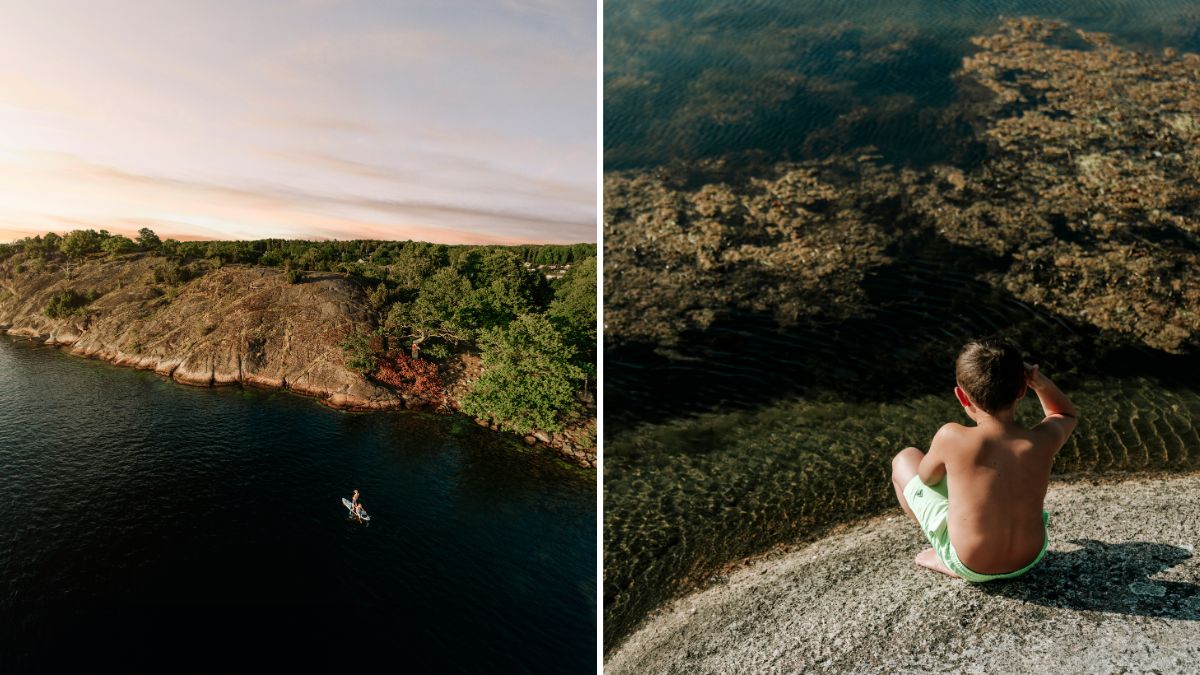 Delad bild. Vänster sida: En person paddlar på en SUP-bräda nära en klippig kustlinje med grönskande träd, under en mjukt färgad kvällshimmel. Höger sida: Ett barn i gröna badbyxor sitter på en klippa och tittar ner i klart vatten med alger och växtlighet.