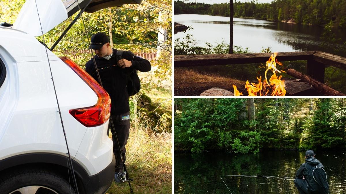 Sportfiskare förbereder fiske vid en sjö i skogsmiljö i Olofström, med fiskespö, bil och grillplats nära vattnet.