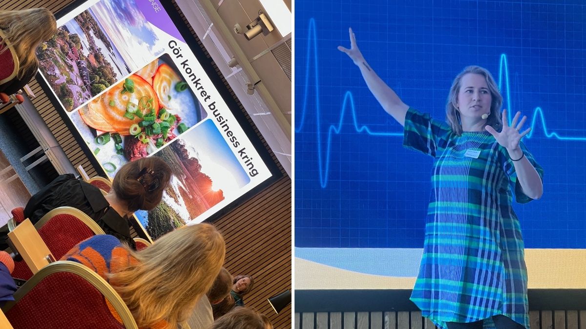 Publik tittar på presentation med bilder på mat och natur under Branschträffen 2025.