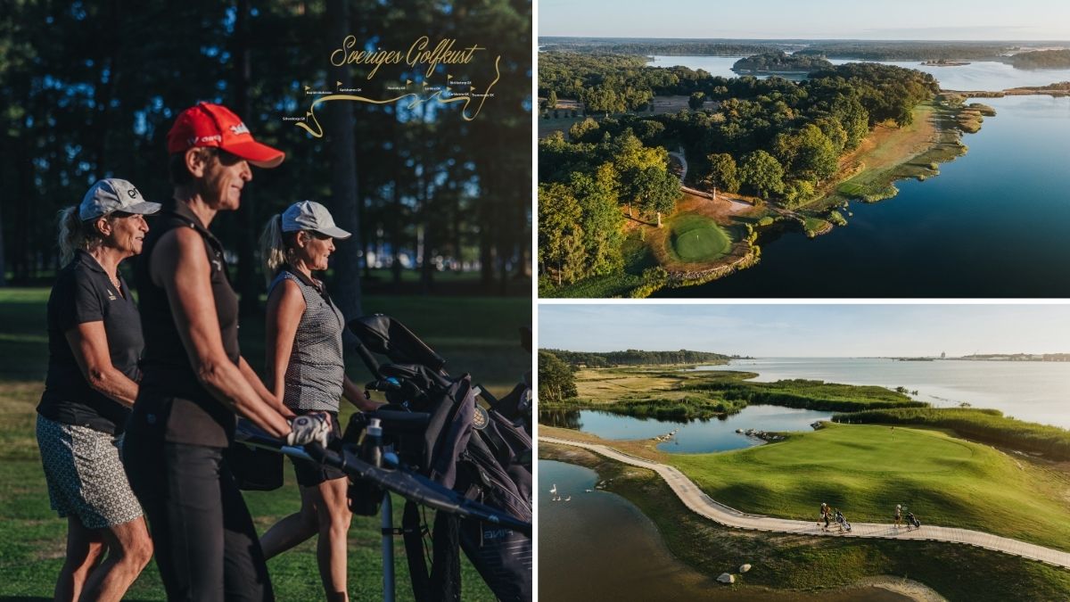 Golfspelare på golfbana längs Sveriges Golfkust i Blekinge med havsutsikt och naturnära fairways.