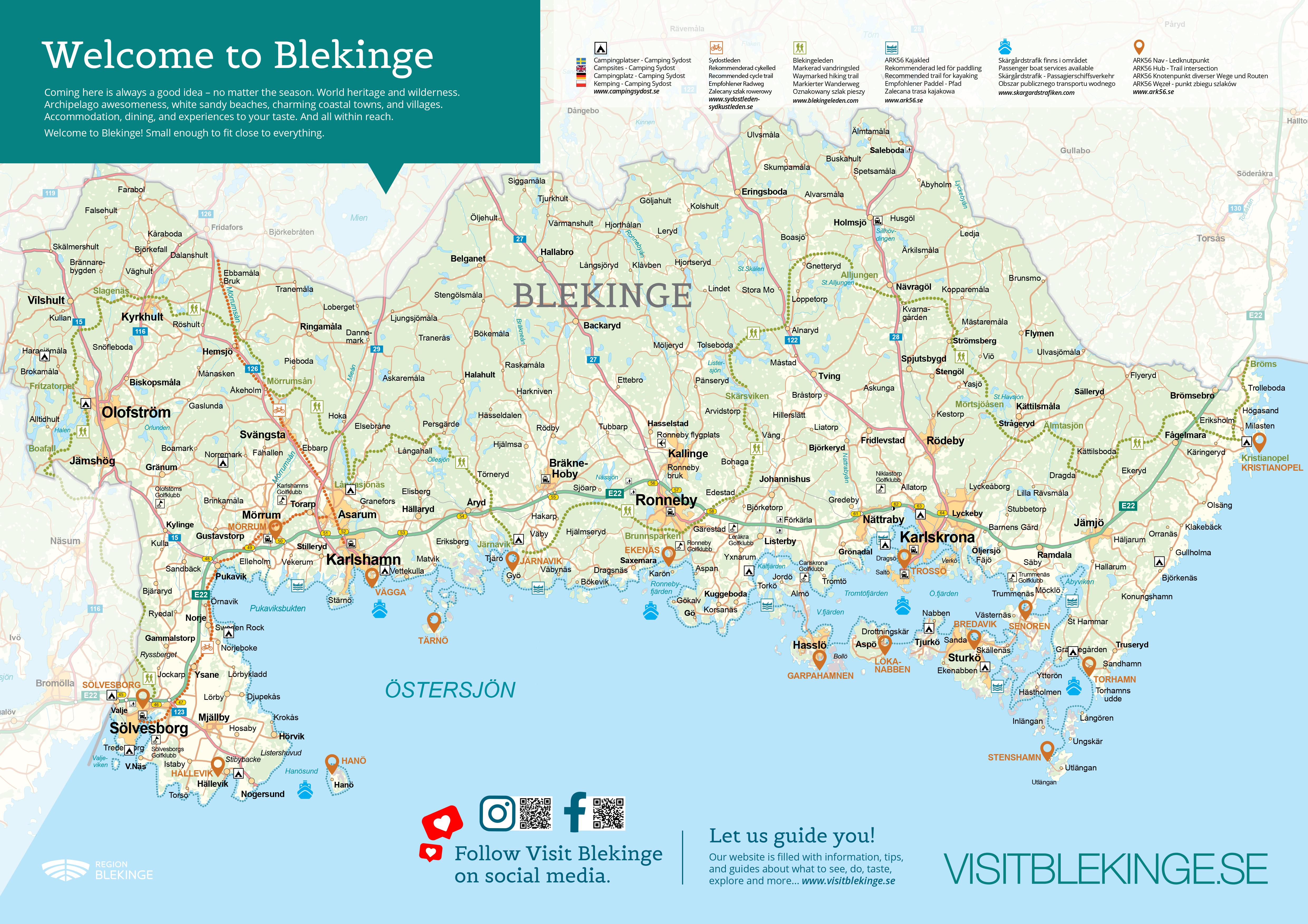 Karta över Blekinge som även finns att hämta på Turistbyråerna i Blekinge