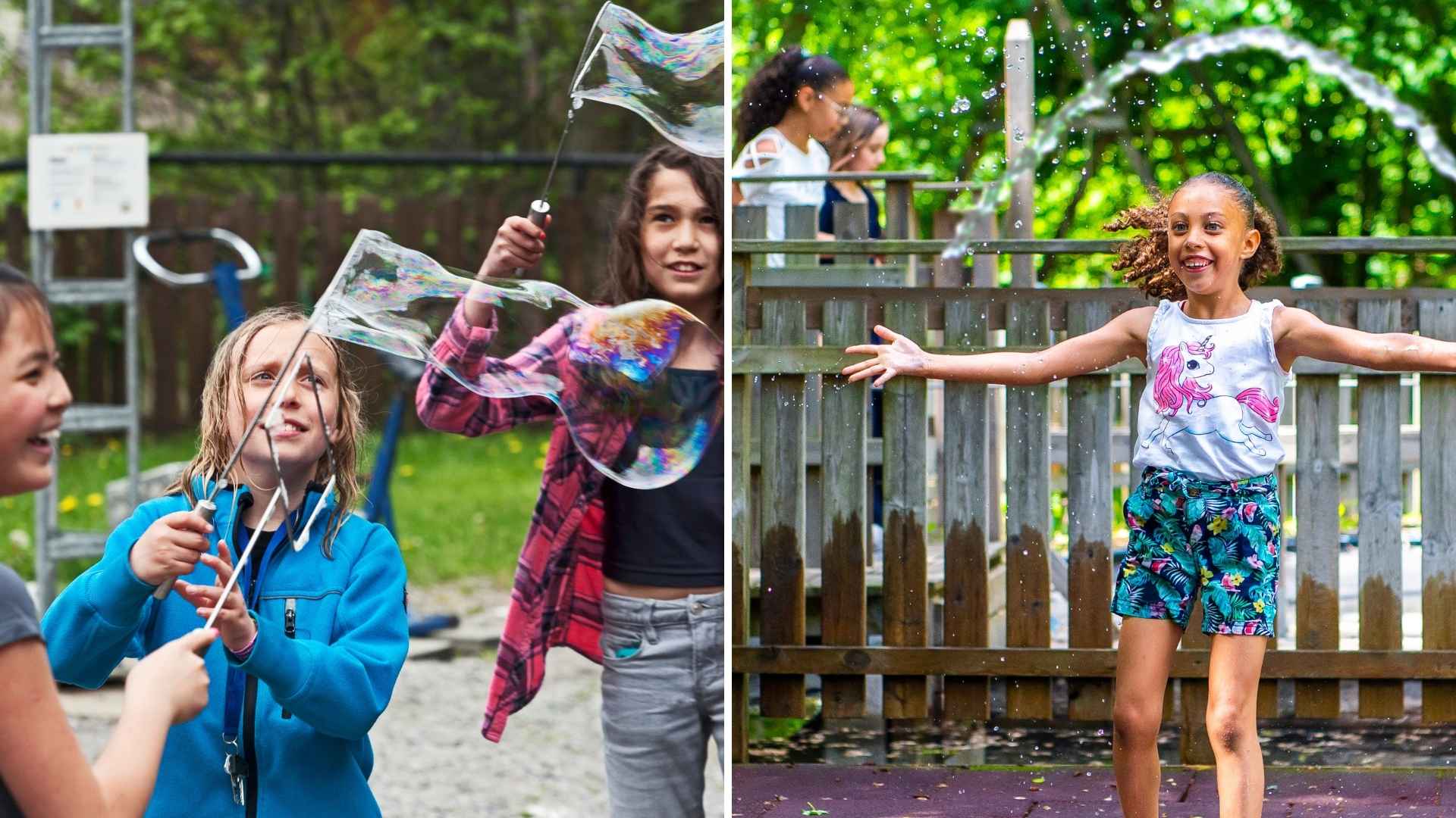 Barn leker med såpbubblor och vattenlek i Kreapark vid Kreativum Science Center i Karlshamn, Blekinge.