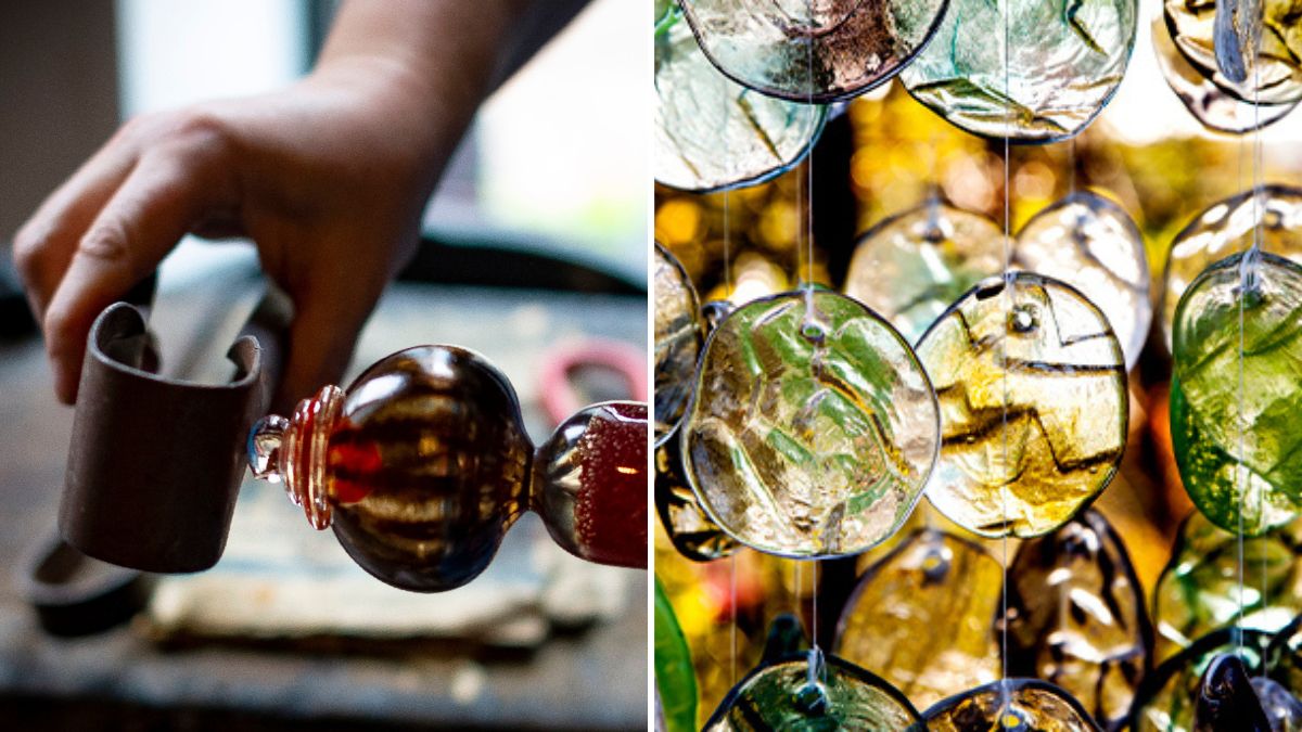 Glasblåsning i arbete och färgstarka glashängen i solljus, från en studio i Blekinge.