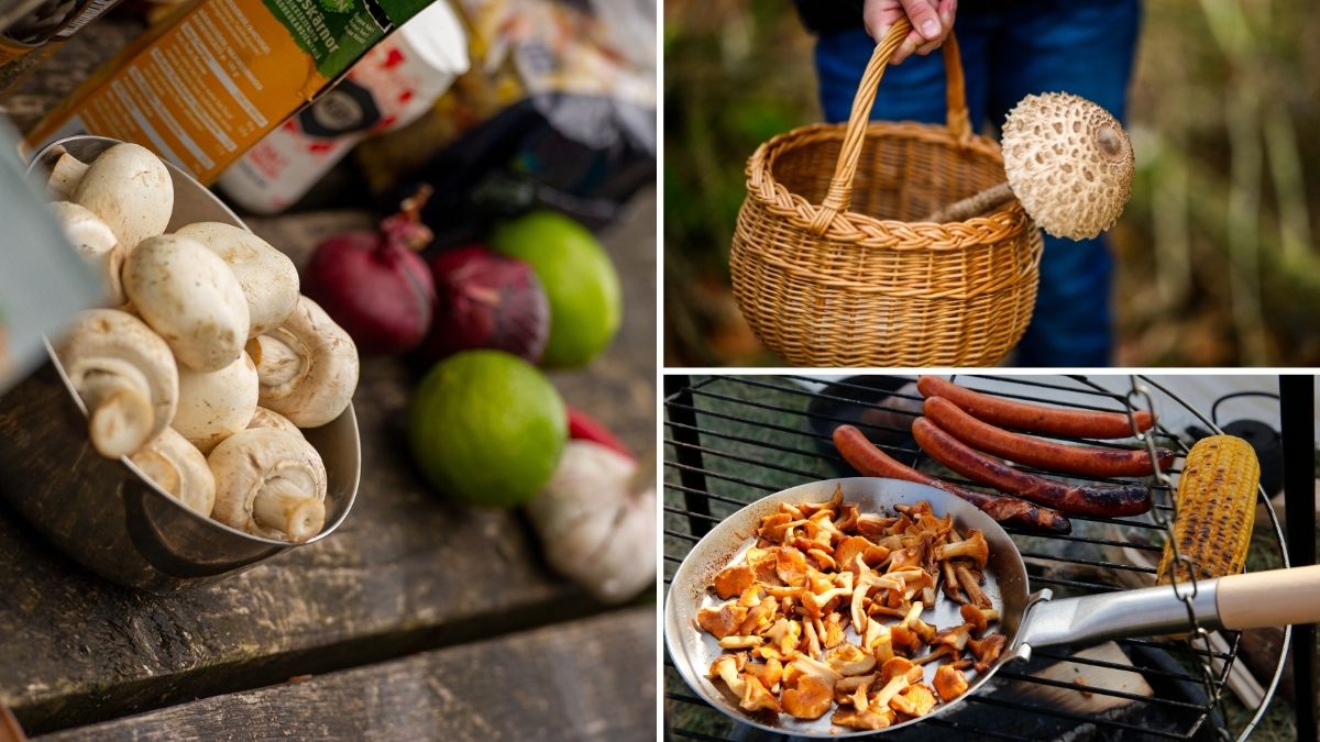 Skål med färska champinjoner på rustikt bord; rödlök, vitlök och lime i bakgrunden – ingredienser för utematlagning i Blekinge.