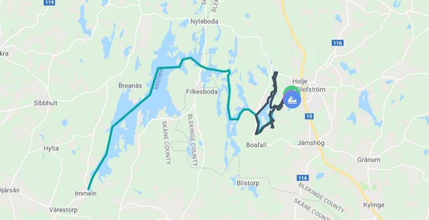Karta över kanotleder och sjösystem i Olofström, Blekinge
