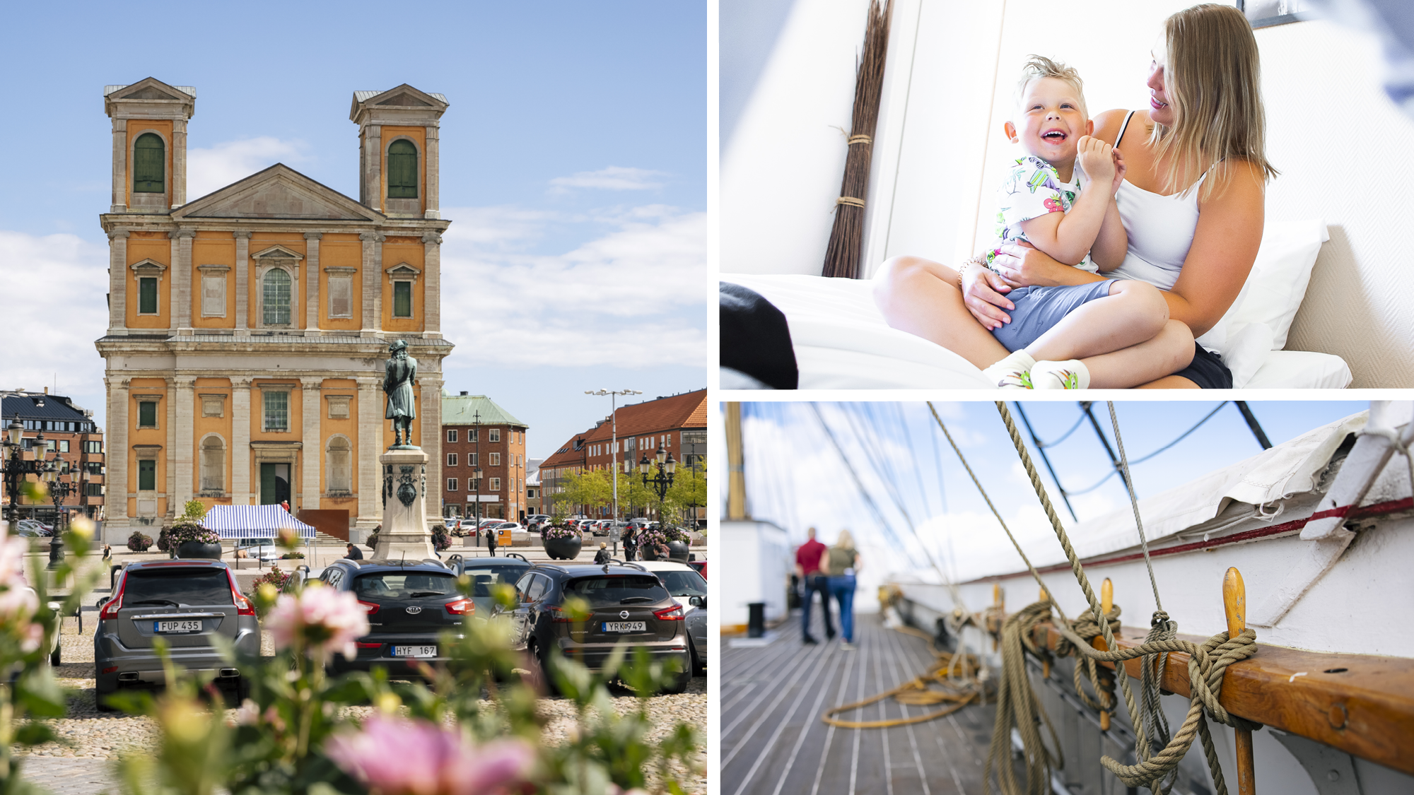 Collage med tre bilder från Blekinge: Fredrikskyrkan vid Stortorget i Karlskrona, en mamma som skrattar med sitt barn i ett hotellrum, samt detaljer från ett segelfartyg med rep och däcksdetaljer i fokus.