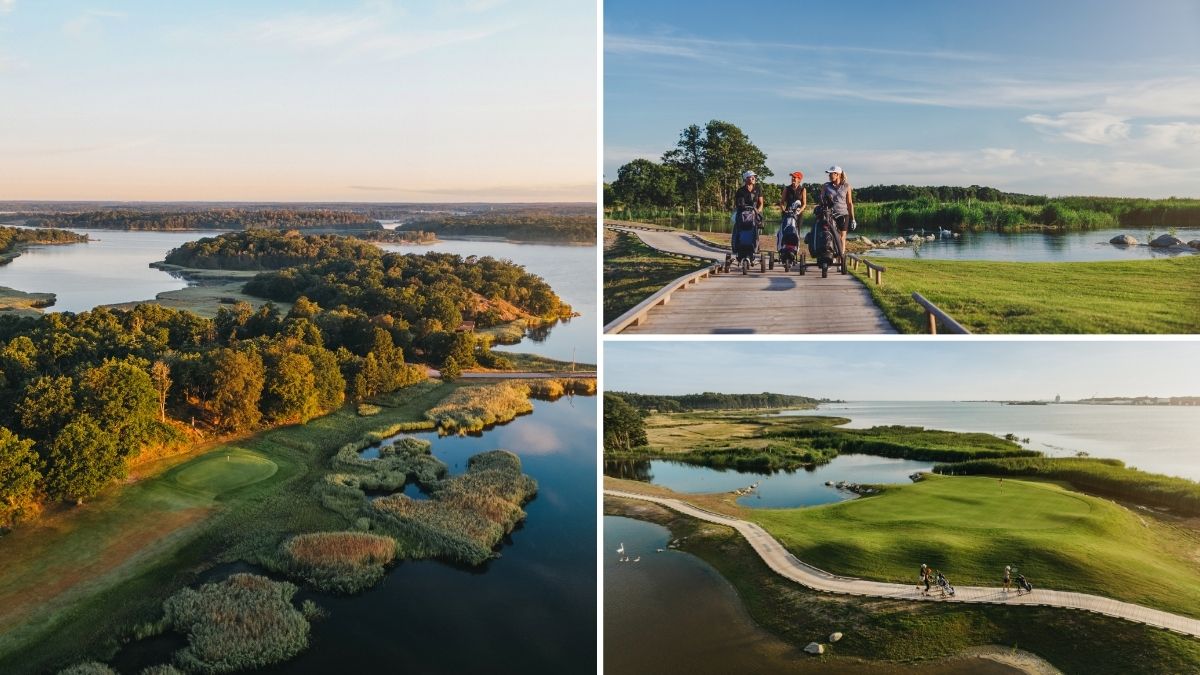 Golfspelare på kustnära golfbana i Blekinge med utsikt över skärgårdslandskap och Östersjön.