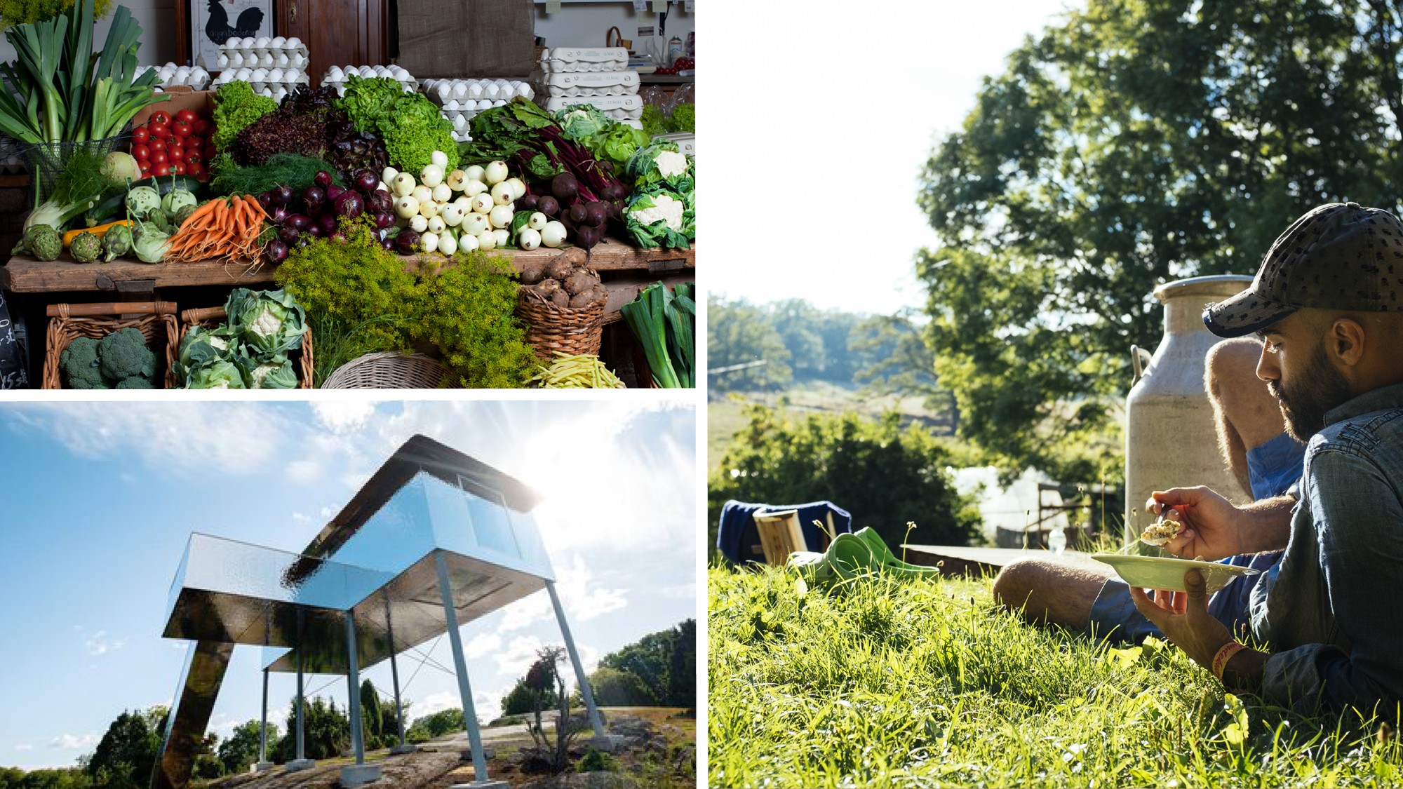 Kollage med tre bilder från Blekinge: en klassisk röd stuga med öppet fönster och handdukar, två kvinnor som paddlar kajak i skärgården samt två barn som leker på klippor vid havet.
