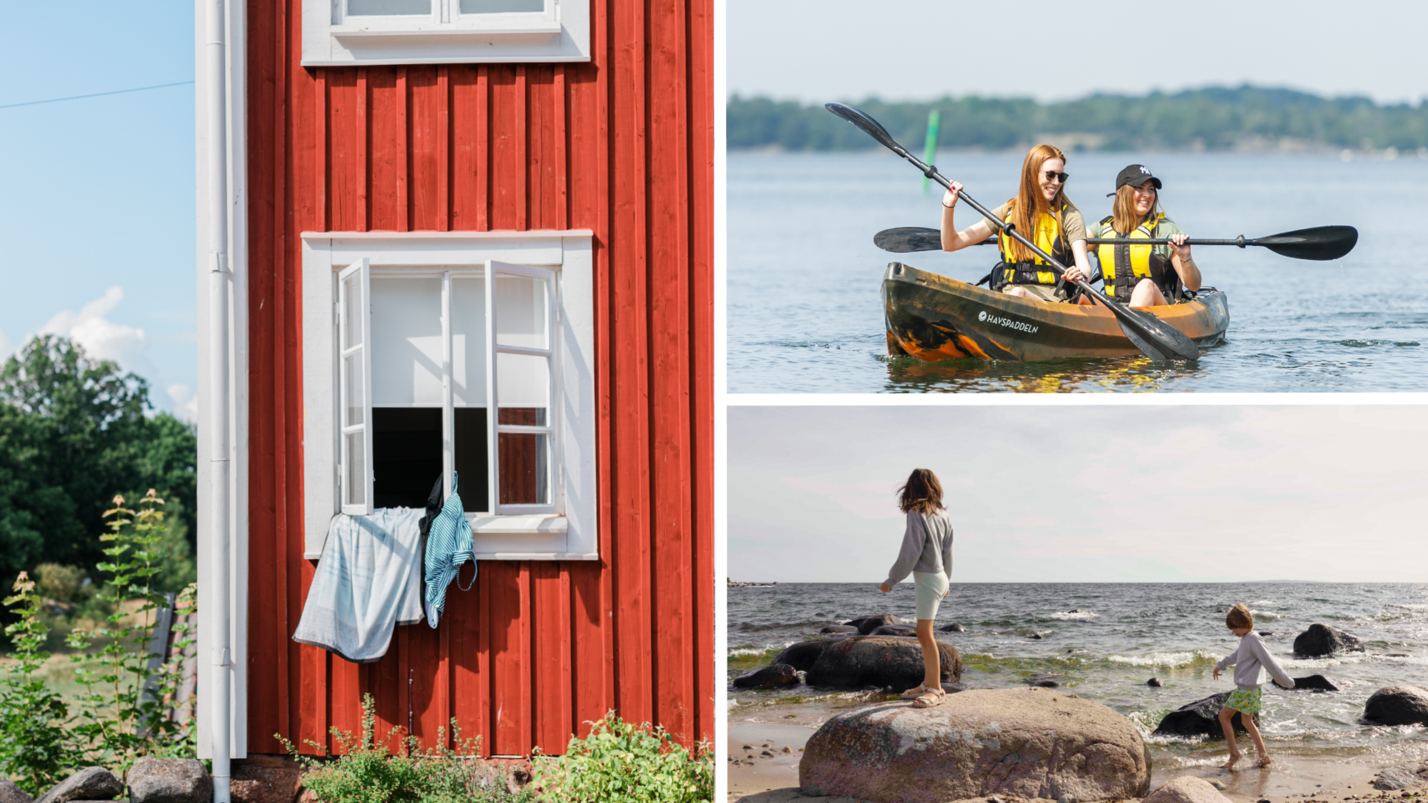 Kollage med tre bilder från Blekinge: en klassisk röd stuga med öppet fönster och handdukar, två kvinnor som paddlar kajak i skärgården samt två barn som leker på klippor vid havet.