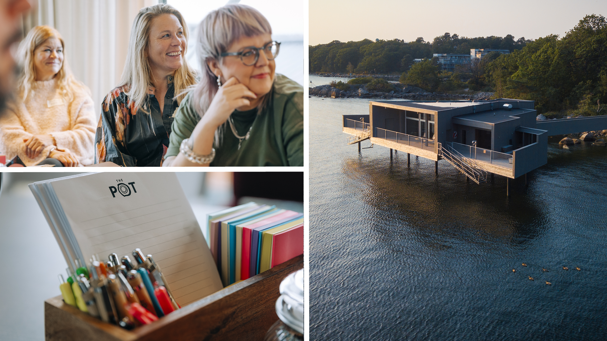 Kollage med tre motiv: kvinnor i samtal under workshop, skrivmaterial med block och pennor samt ett modernt möteshus byggt på pålar över vatten i Blekinges skärgård.