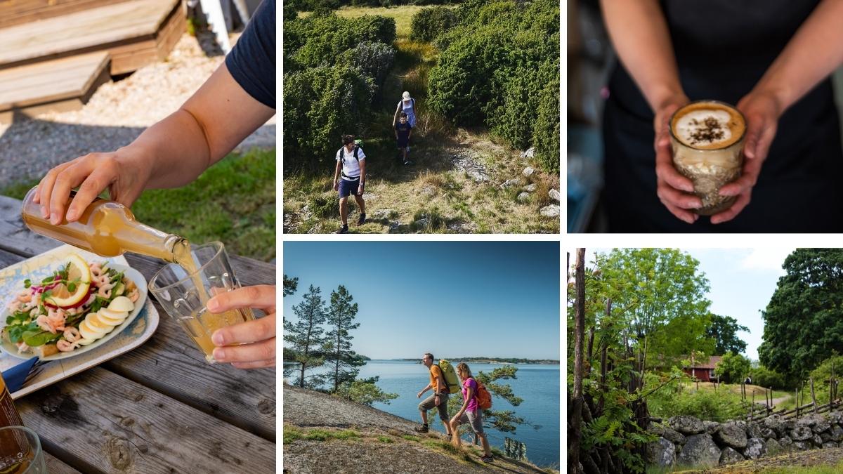 Vandrande par längs Blekinges kust, lokal fika med räkmacka och äppelmust, kaffe och gårdsidyll – roadtrip med smak och naturupplevelser.