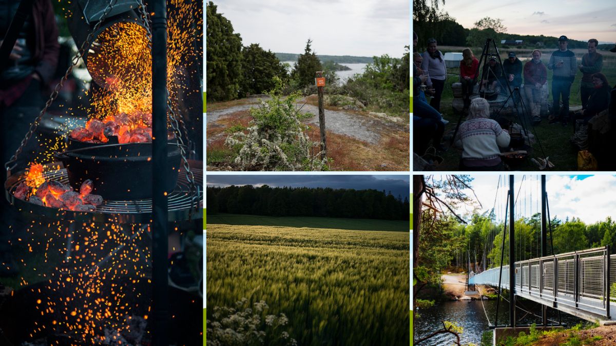 Höstaktiviteter i Blekinge med matlagning över öppen eld, vandring längs kustleder, broar i naturreservat och gemenskap i skymningen.