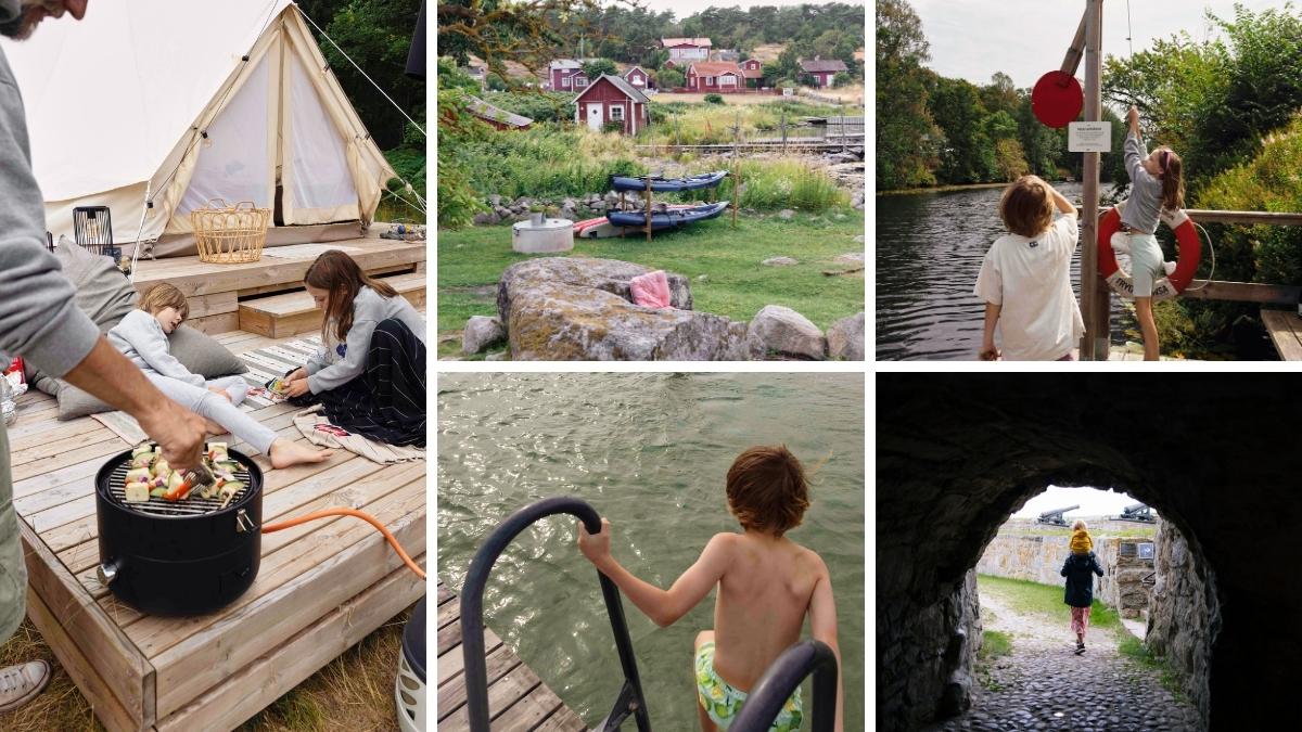 Familj på roadtrip i Blekinge – grillar vid tält, paddlar kajak, badar från brygga och utforskar skärgård och fästningar med barn.