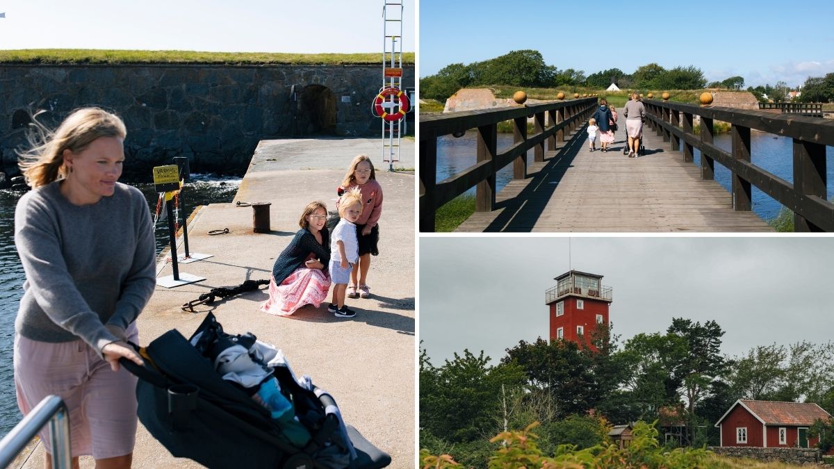 Familj promenerar och upplever Aspö i Karlskrona skärgård med bro, kustmiljö och det röda Aspö fyrtornet i bakgrunden.