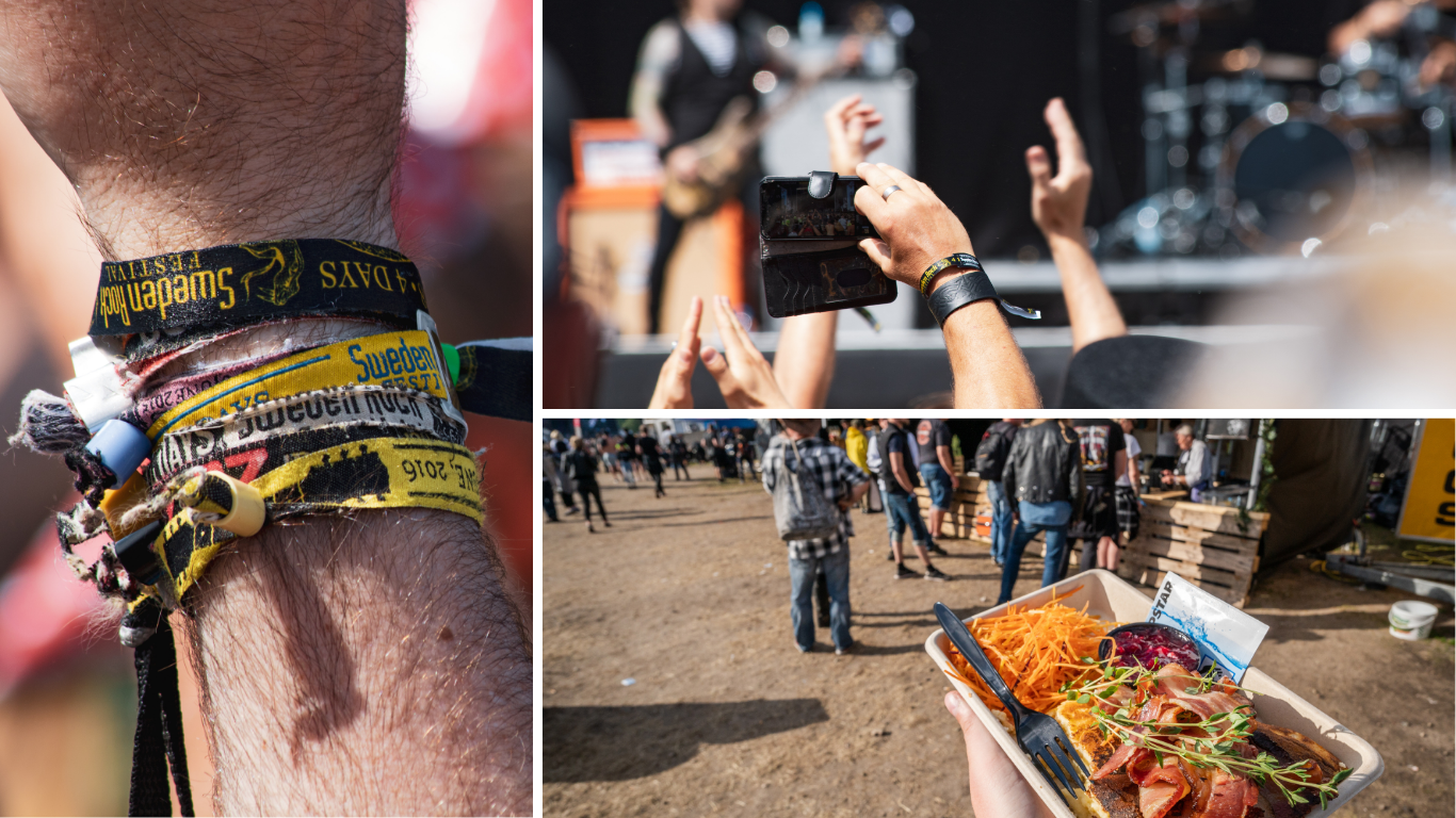 Swedn rock festivalarmband, mat och scen