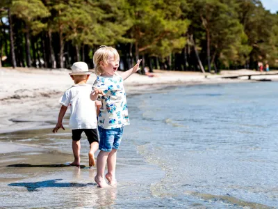 Solglittrande vatten i Blekinges skärgård som symboliserar synlighet, förtroende och internationell räckvidd.