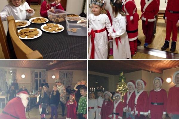 Children dressed as Santas and Saint Lucy