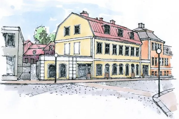 Ritad bild på utsidan av bergqvista gården, en stor klassiskt byggt gul byggnad