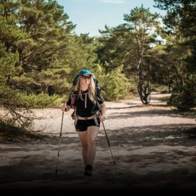 En vandrare på sanddynor, omgivna av tallar, Högasand Blekinge